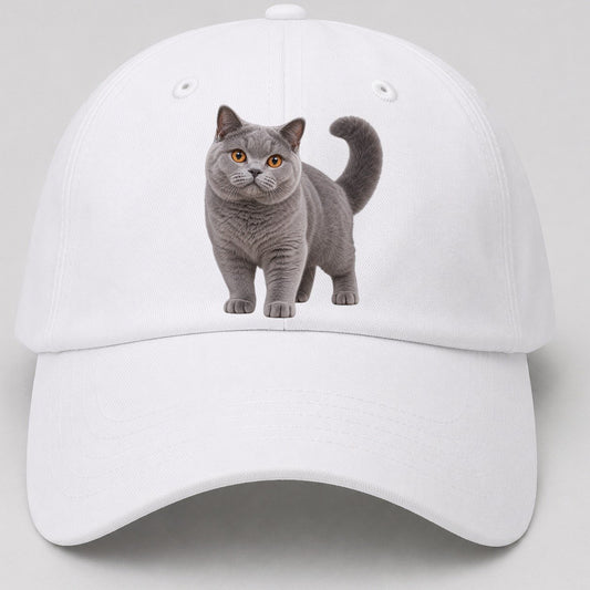British Shorthair Standing Three Quarter Realistic Cat Portrait Baseball Cap – White