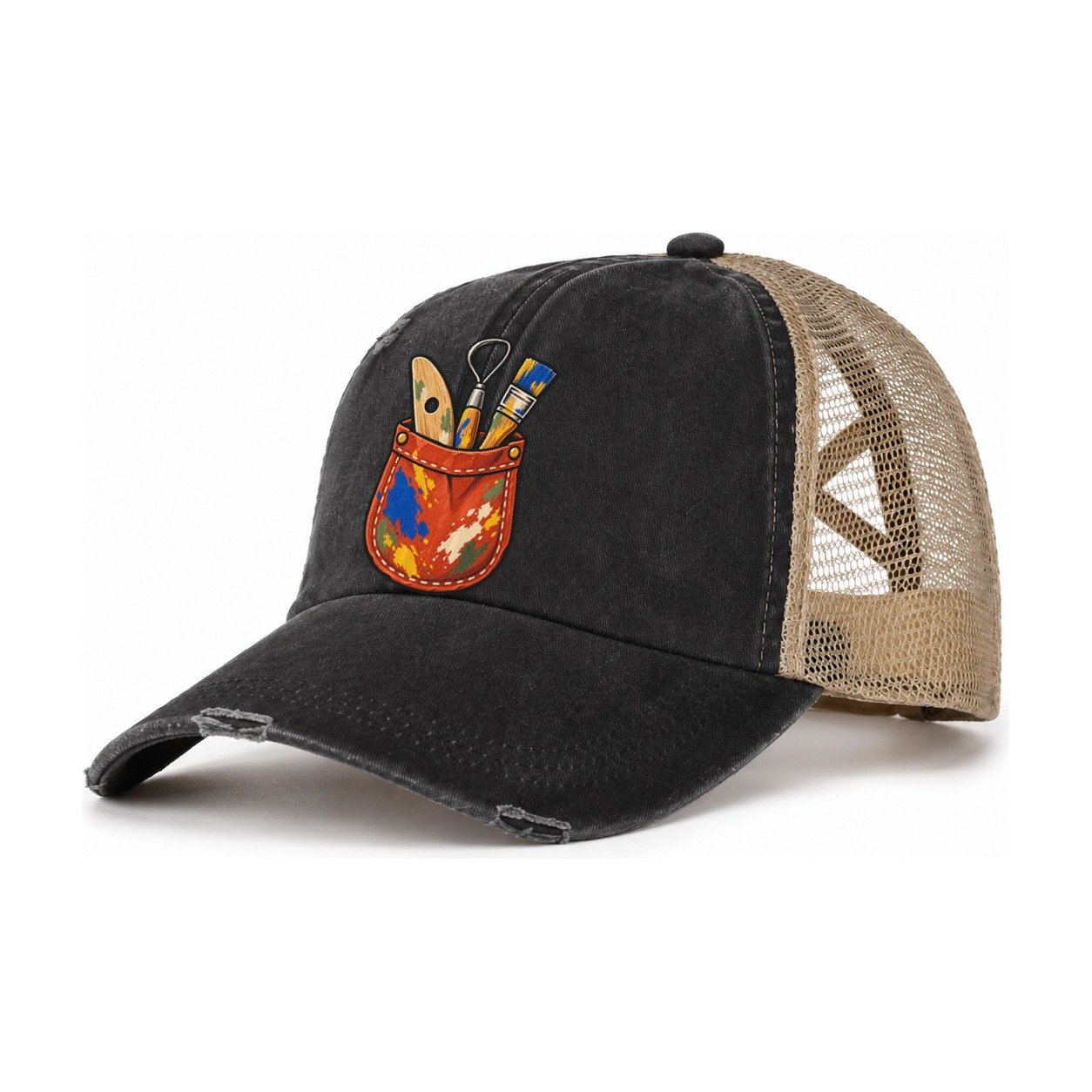 Apron Pocket Clay Color Makers Women's Ponytail Trucker Hat – Washed Black Khaki