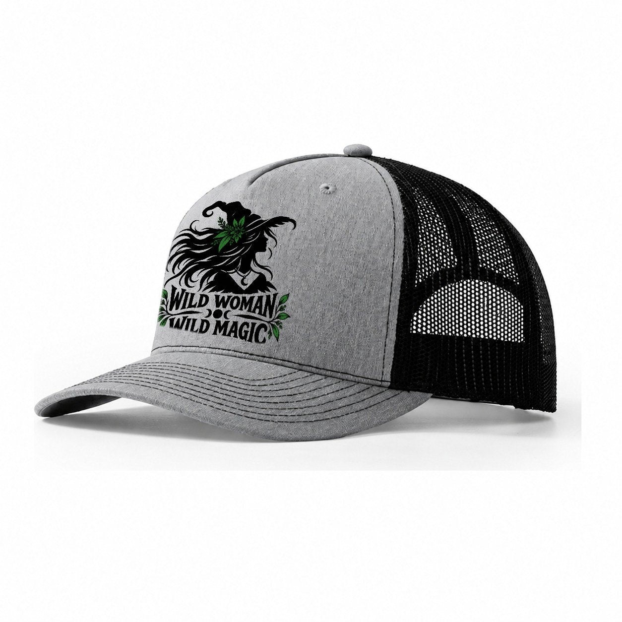 Wild Woman Wild Magic Slogan Witch Magic Trucker Hat – Sport Grey Black