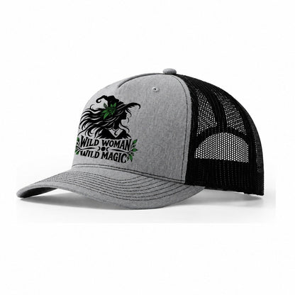 Wild Woman Wild Magic Slogan Witch Magic Trucker Hat – Sport Grey Black