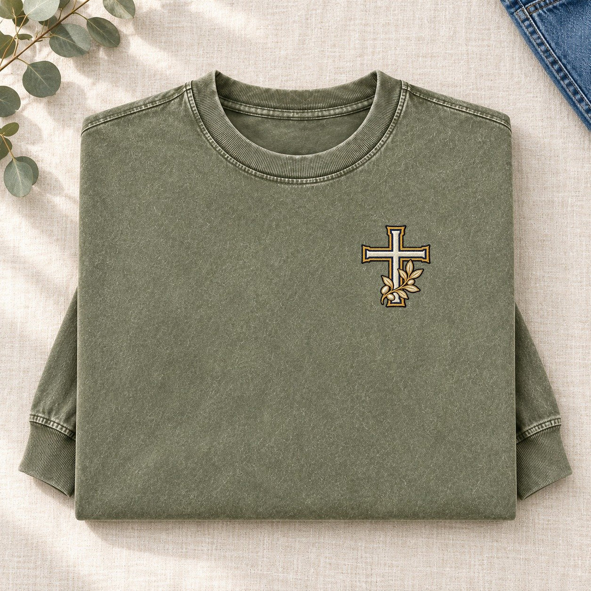 Olive Cross Symbol Emblems Left Chest Washed Long Sleeve T-Shirt – Army Green