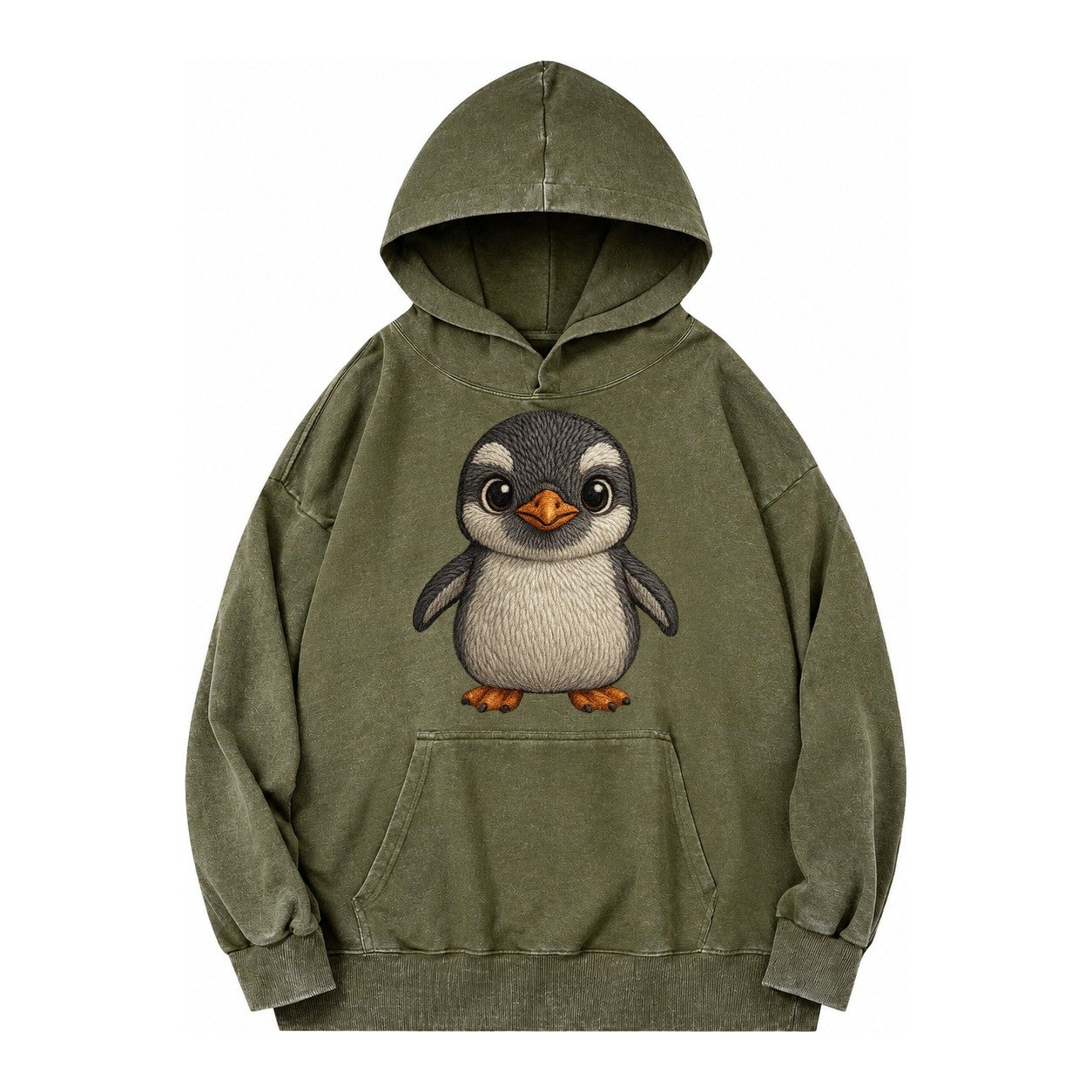 Baby Gentoo Penguin Vintage Washed Hoodie – Army Green