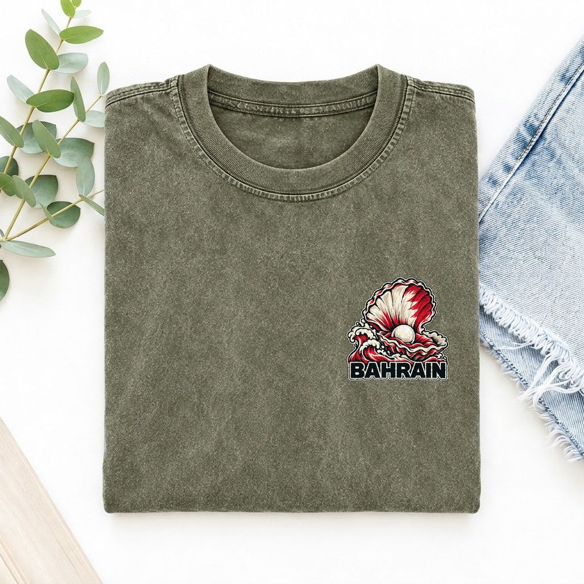 Bahrain Country Pride Left Chest Vintage T-shirt – Army Green
