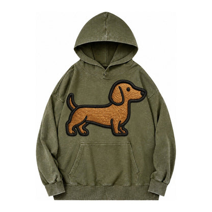 Dachshund Modern Elongated Silhouette Vintage Washed Hoodie – Army Green