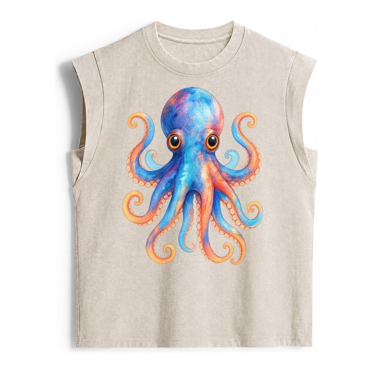 Octopus Cute Vintage Washed Tank – Beige