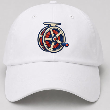 Fly Fishing Reel Tiny Solo Marks Baseball Cap – White