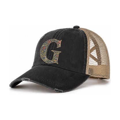 Wildflower G Monogram Women's Ponytail Trucker Hat – Washed Black Khaki