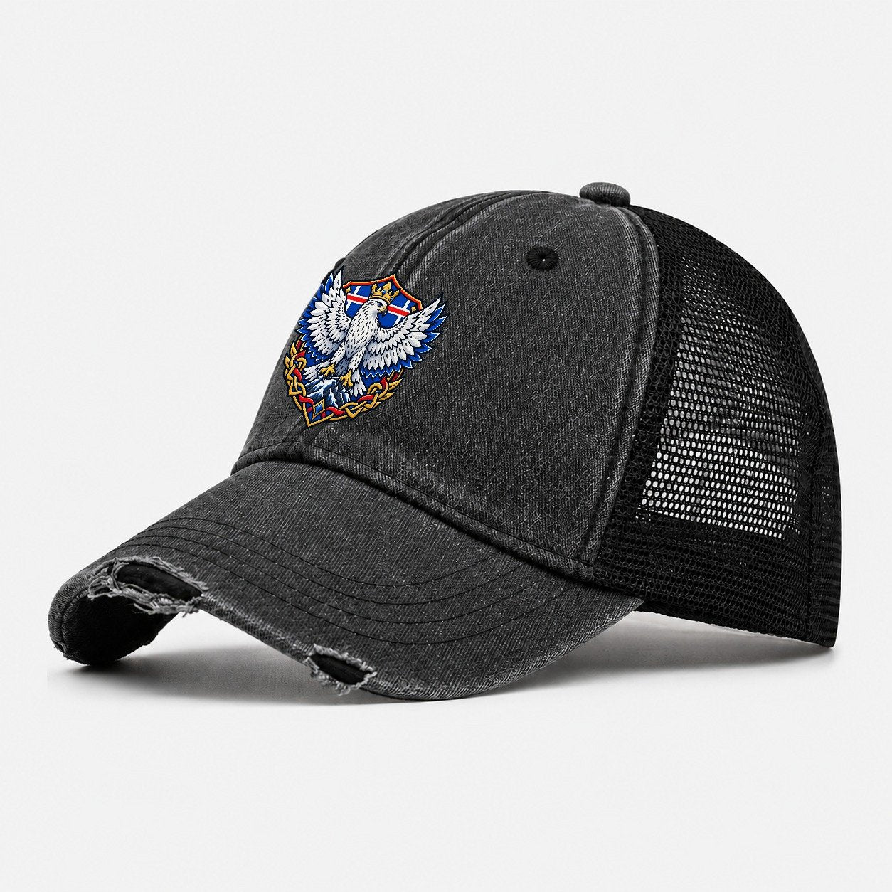 Iceland Heraldic Crest Country Logos Washed Trucker Hat – Black