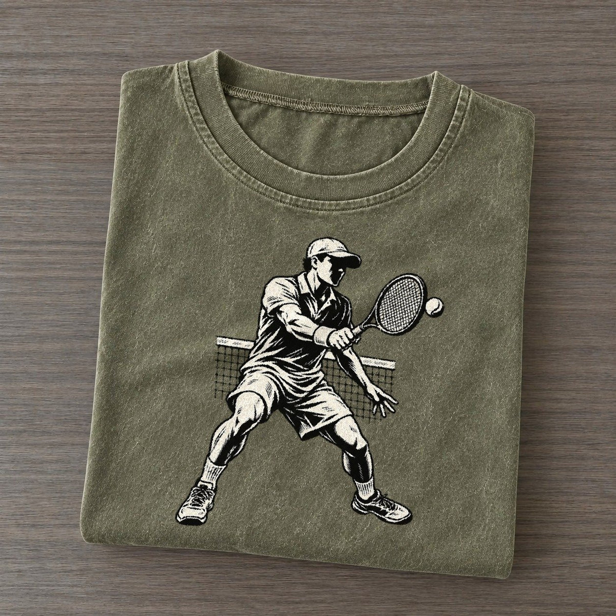 Tennis Net Volley Global Sports Ink Figures Vintage T-shirt – Army Green
