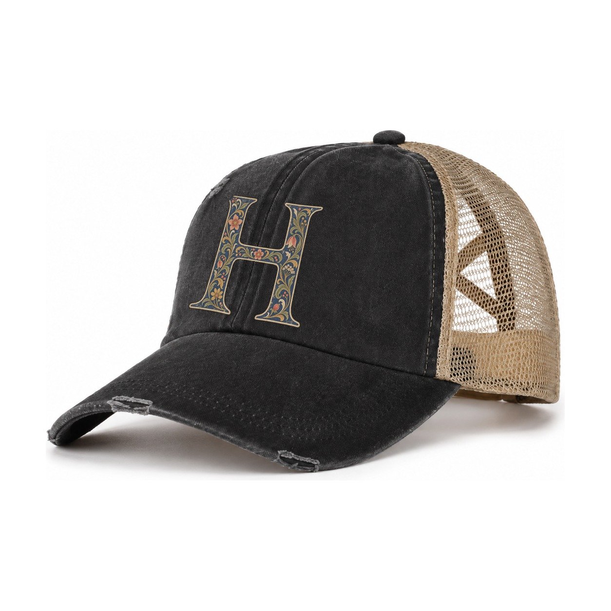 Wildflower H Monogram Women's Ponytail Trucker Hat – Washed Black Khaki