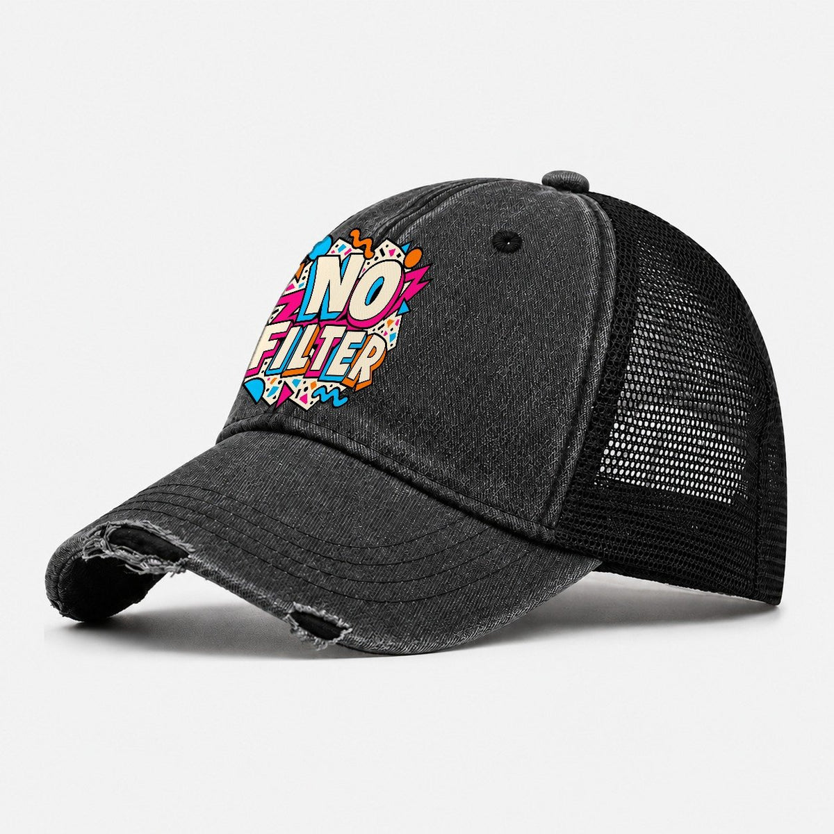 No Filter Crazy Styles Washed Trucker Hat – Black