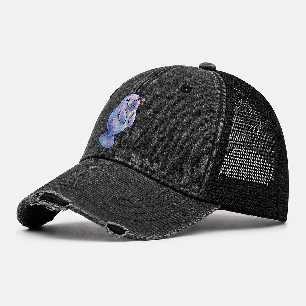 Manatee Upward Float Sea Sprite Washed Trucker Hat – Black