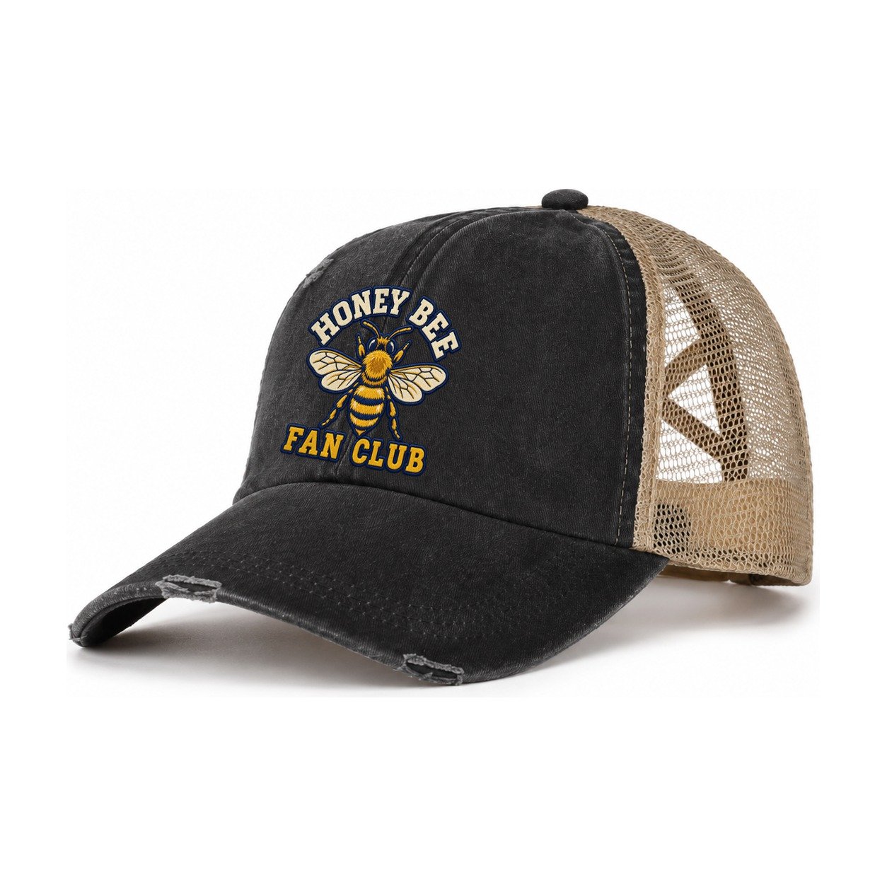 Honey Bee Fan Club Women's Ponytail Trucker Hat – Washed Black Khaki