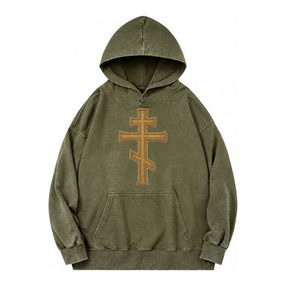 Orthodox Cross Vintage Washed Hoodie – Army Green