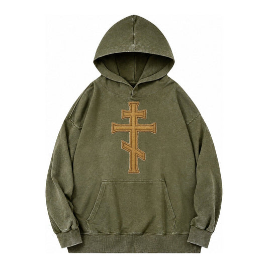 Orthodox Cross Vintage Washed Hoodie – Army Green