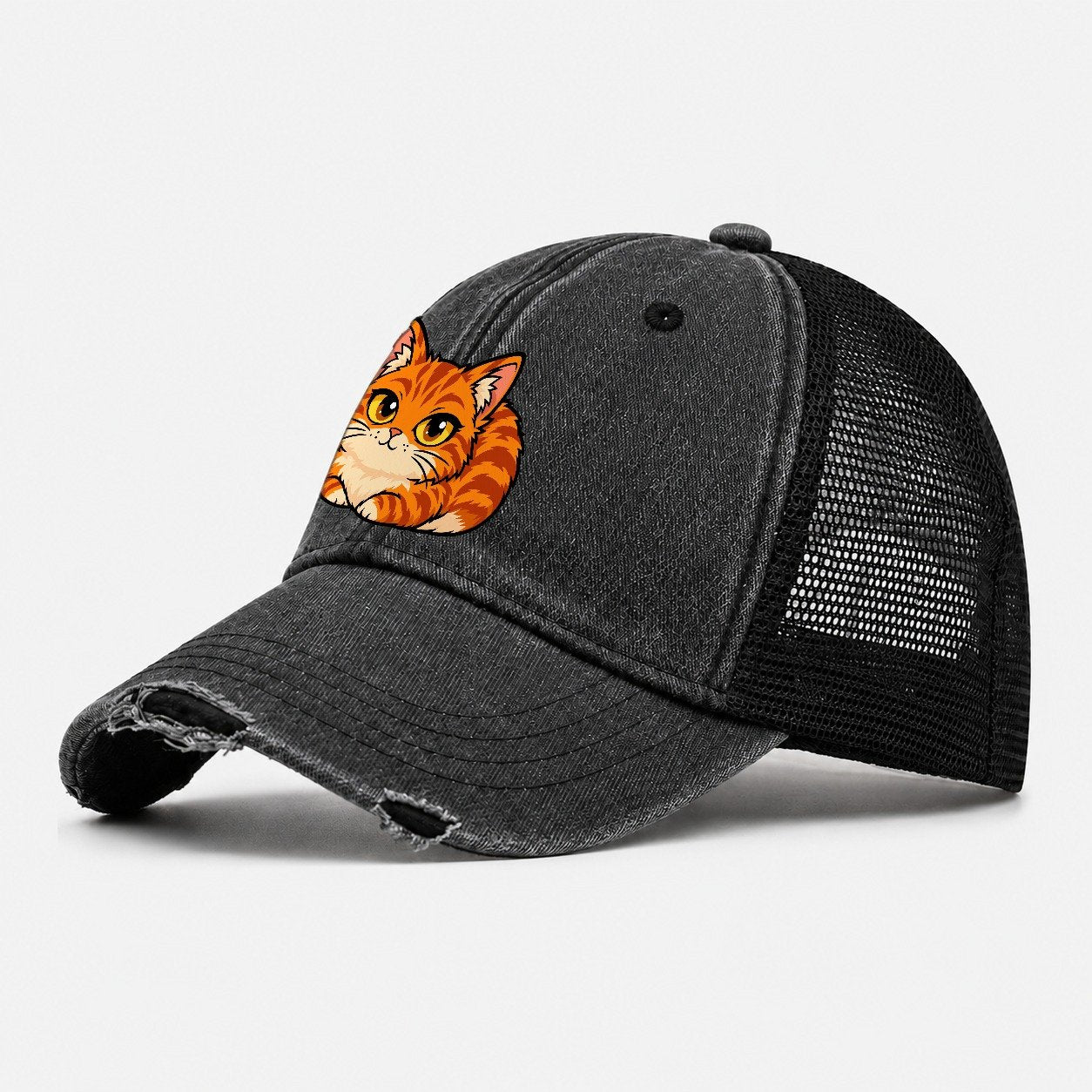 Orange Tabby Loafing Peeking Cats Washed Trucker Hat – Black