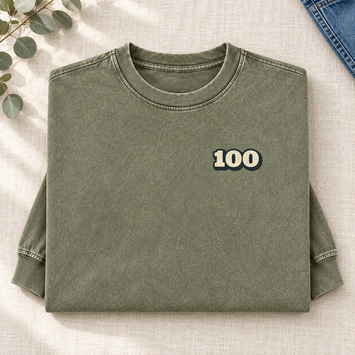 Number 100 Left Chest Washed Long Sleeve T-Shirt – Army Green