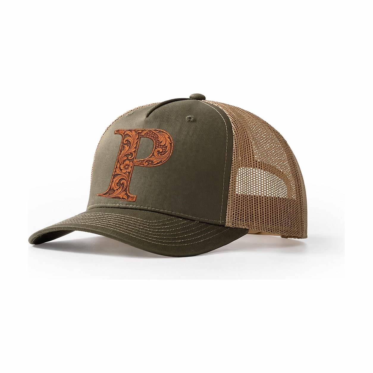 Tooled Leather P Monogram Trucker Hat – Olive Khaki