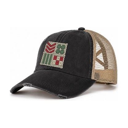 Textured Stitch Sampler Yarn Crafts Women's Ponytail Trucker Hat – Washed Black Khaki