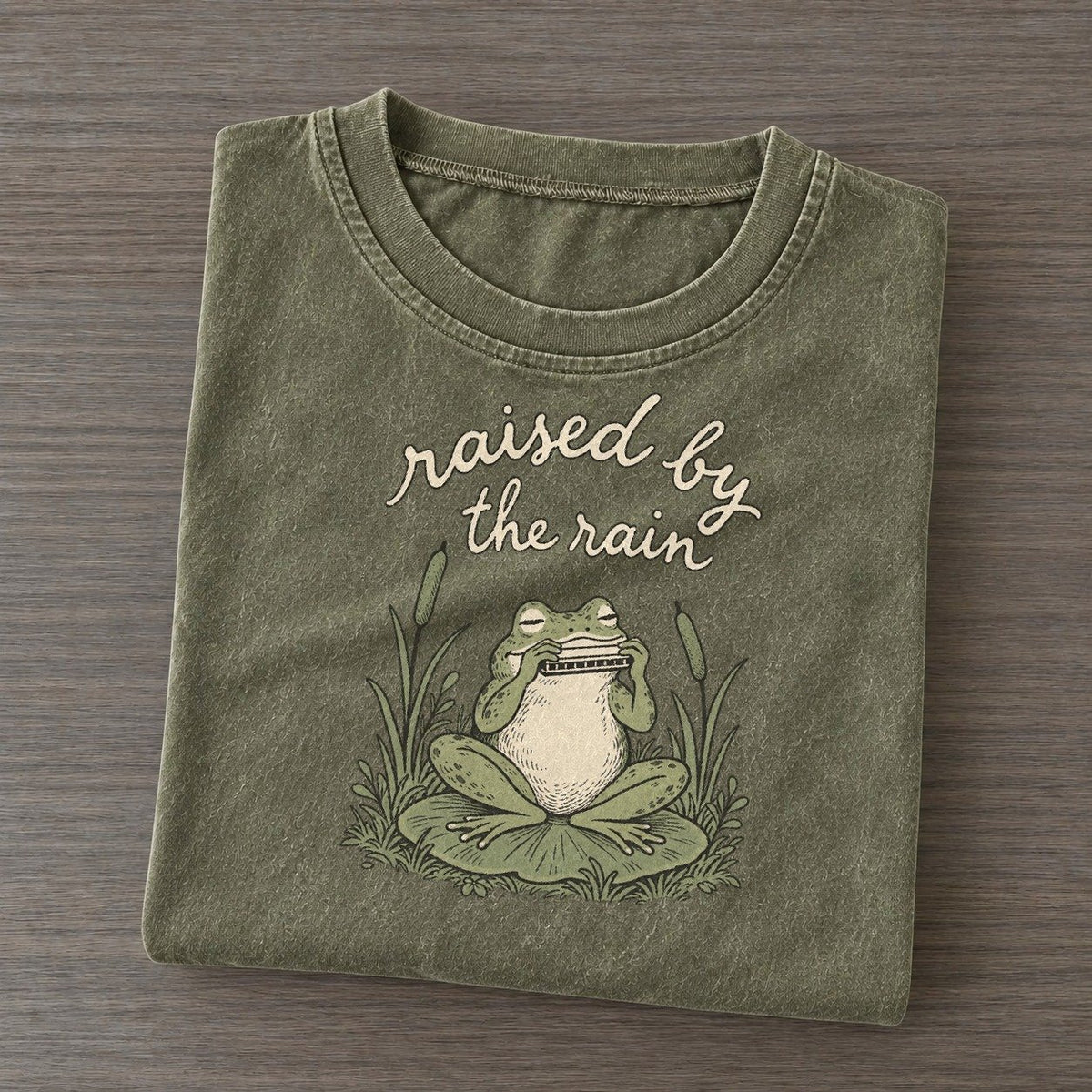 Harmonica In The Reeds Pond Folk Vintage T-shirt – Army Green