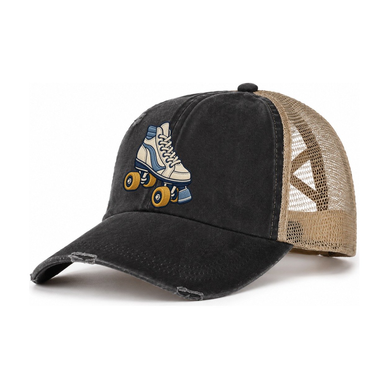 Roller Skate Tiny Solo Marks Women's Ponytail Trucker Hat – Washed Black Khaki