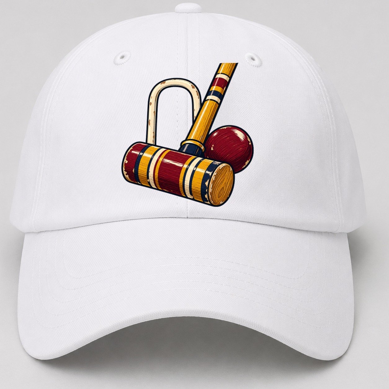 Croquet Mallet Hoop And Burgundy Ball Uk Culture Heritage Baseball Cap – White