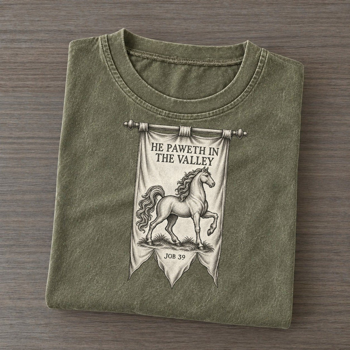 He Paweth In The Valley Beast And Banner Vintage T-shirt – Army Green