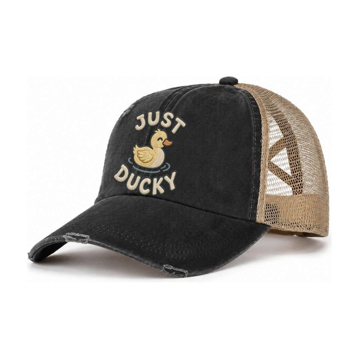 Duck Animal Puns Women's Ponytail Trucker Hat – Washed Black Khaki