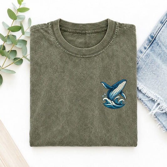 Whale And Waves Left Chest Vintage T-shirt – Army Green