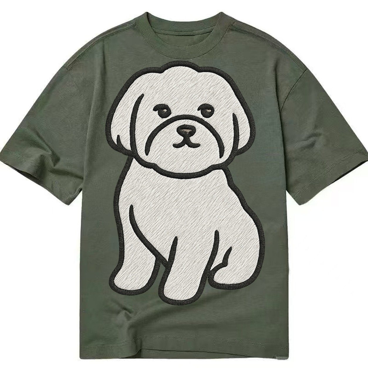 Maltese Pure White Fluffy Embroidered Design Classic T-shirt – Army Green