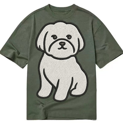 Maltese Pure White Fluffy Embroidered Design Classic T-shirt – Army Green