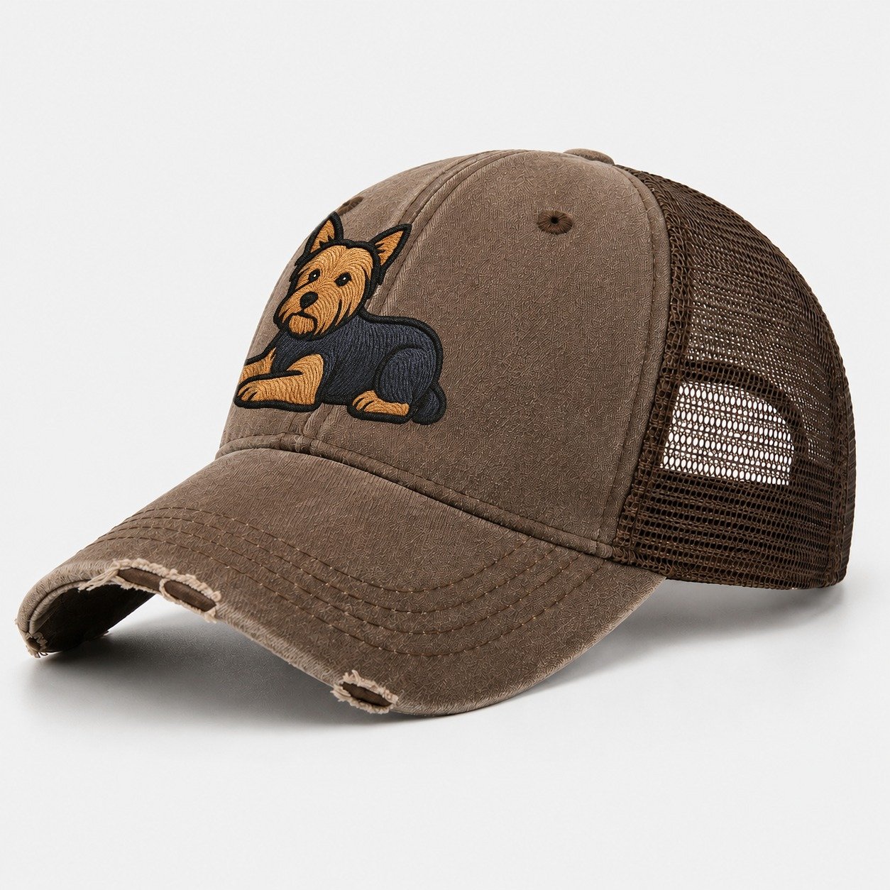 Yorkshire Terrier Blue And Tan Relaxed Lying Down With Head Washed Trucker Hat – Coffee