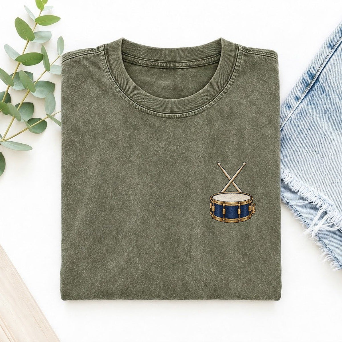 Snare Drum Symbol Emblems Left Chest Vintage T-shirt – Army Green