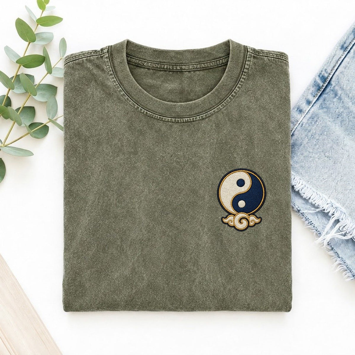Yin Yang Cloud Symbol Emblems Left Chest Vintage T-shirt – Army Green