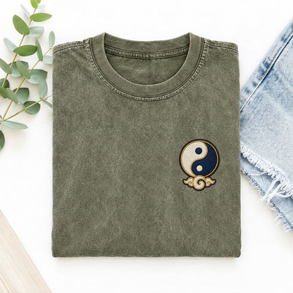 Yin Yang Cloud Symbol Emblems Left Chest Vintage T-shirt – Army Green