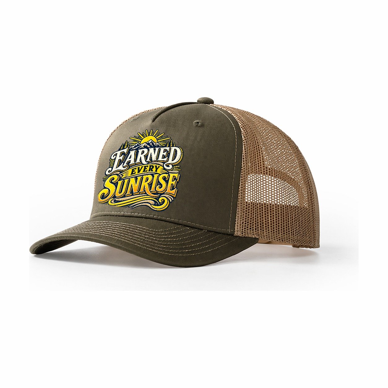 Earned Every Sunrise Retired Living Trucker Hat – Olive Khaki