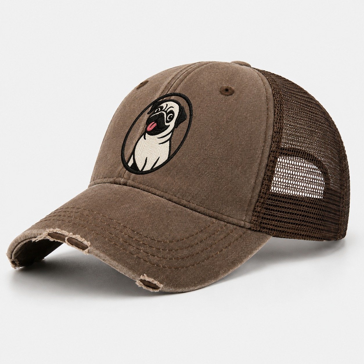 Playful Pug Washed Trucker Hat – Coffee