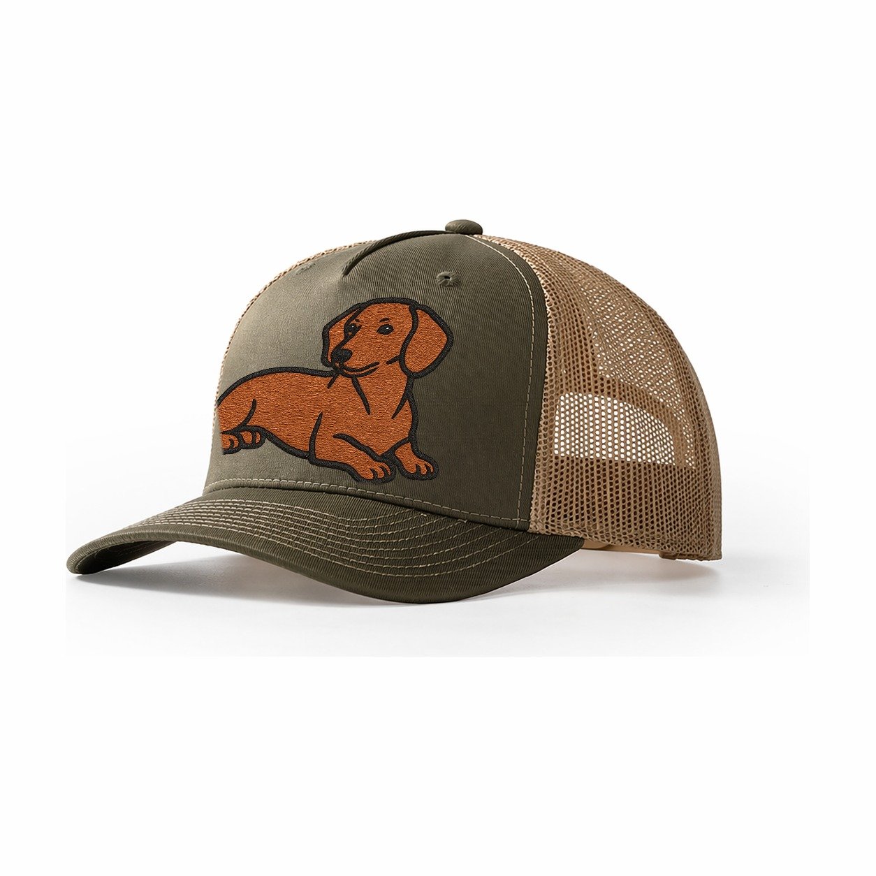Dachshund Red Smooth Relaxed Lying Down With Head Up Embroid Trucker Hat – Olive-Khaki
