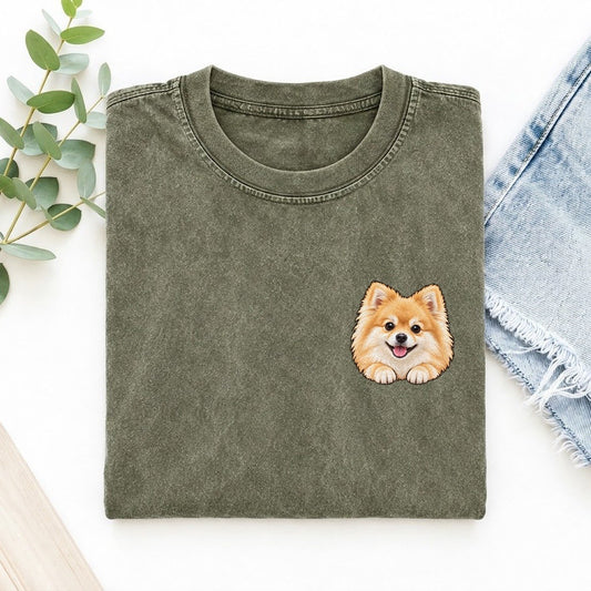 Pomeranian Left Chest Vintage T-shirt – Army Green