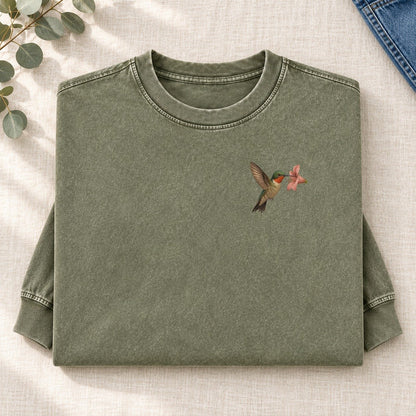 Hummingbird Haven Left Chest Washed Long Sleeve T-Shirt – Army Green