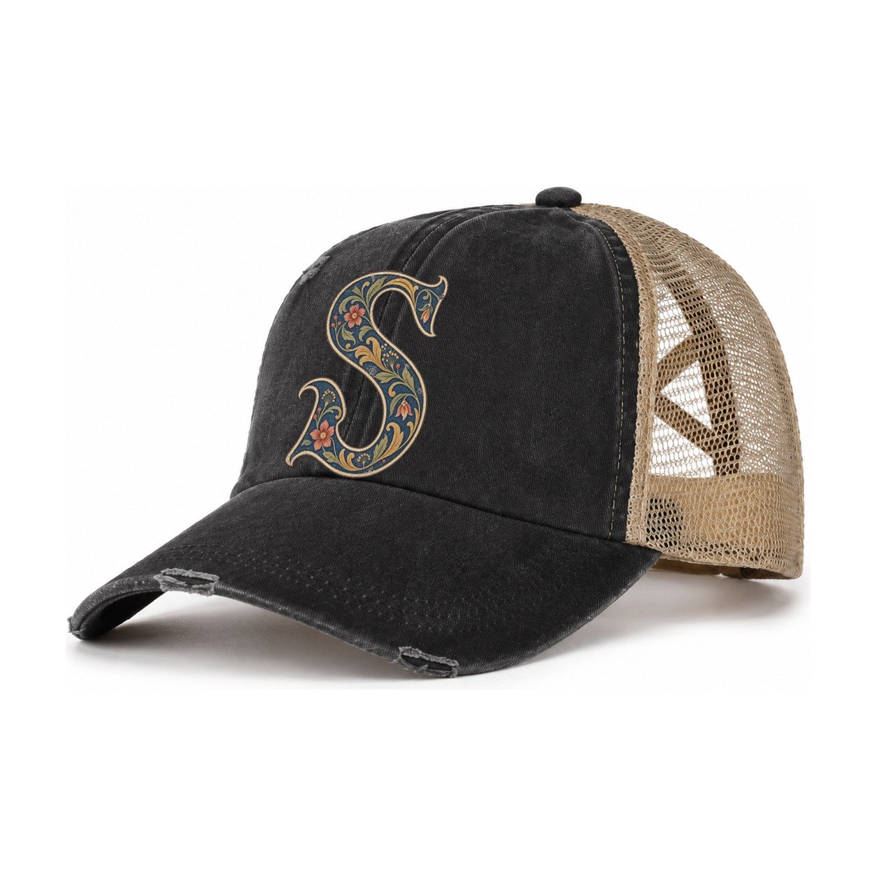 Wildflower S Monogram Women's Ponytail Trucker Hat – Washed Black Khaki