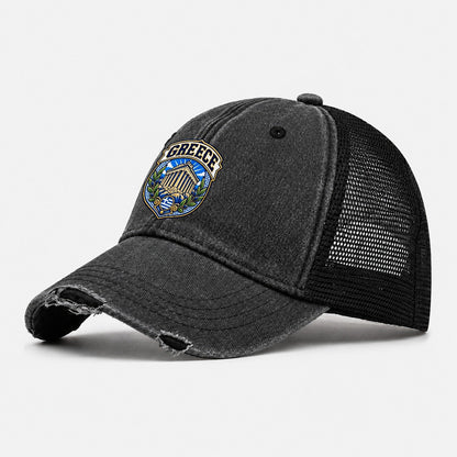Greece Retro Badge Country Logos Washed Trucker Hat – Black
