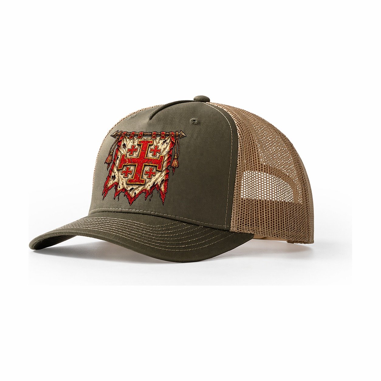 Tattered Crusader Banner Jerusalem Cross Trucker Hat – Olive Khaki