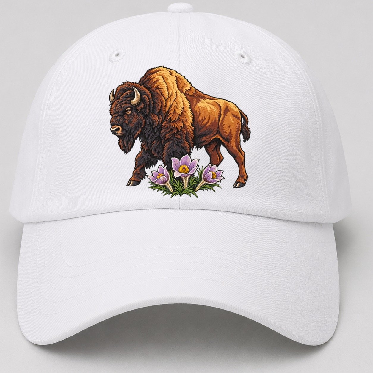 Wood Bison And Prairie Crocus Canada Cultural Icons Baseball Cap – White