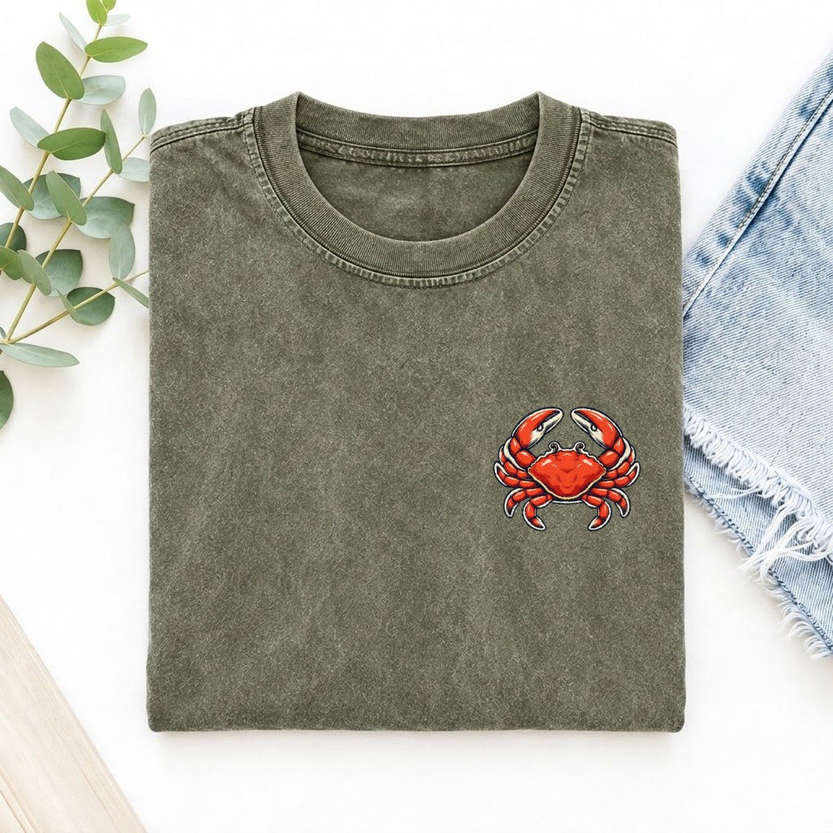 Scarlet Crab Left Chest Vintage T-shirt – Army Green