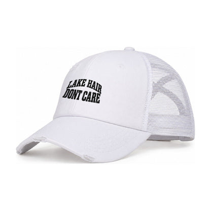 Lake Hair Dont Care Fishing Club Women's Ponytail Trucker Hat – White White
