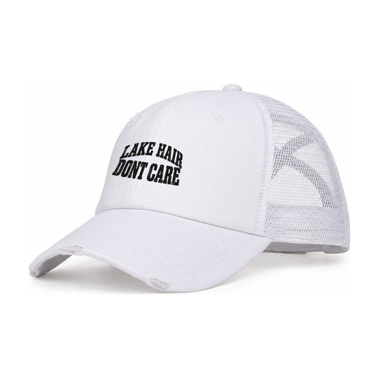 Lake Hair Dont Care Fishing Club Women's Ponytail Trucker Hat – White White