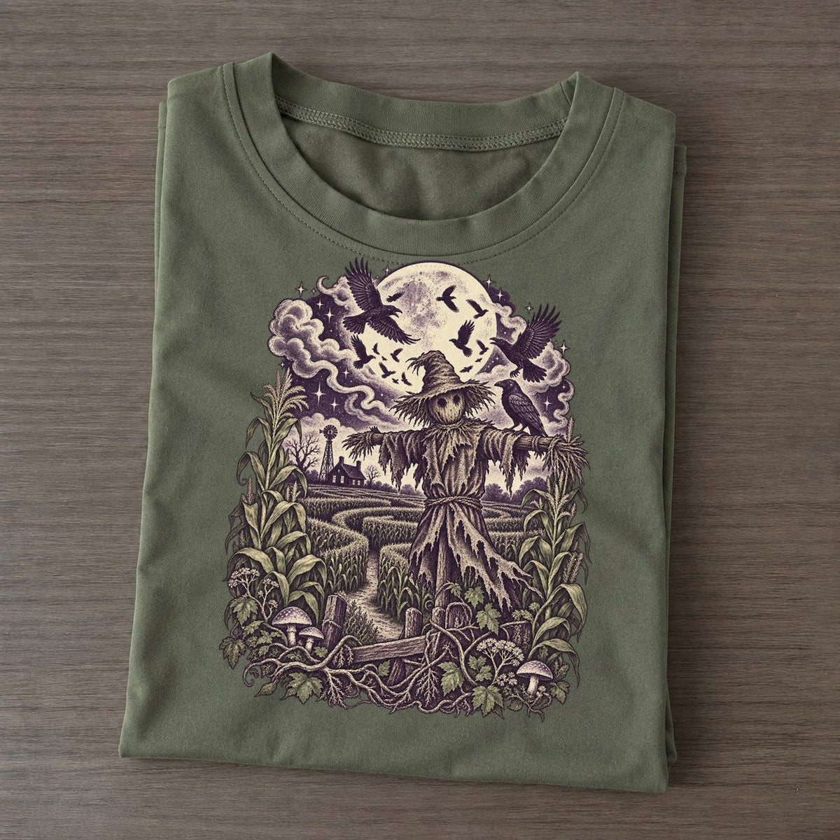 Cornfield Scarecrow Crows Midnight Haunt Classic T-shirt – Army Green
