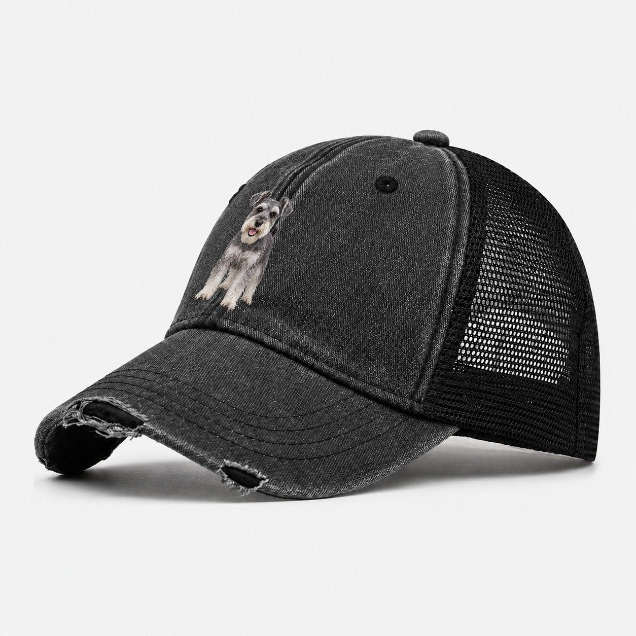 Miniature Schnauzer Standing Top Breeds Washed Trucker Hat – Black