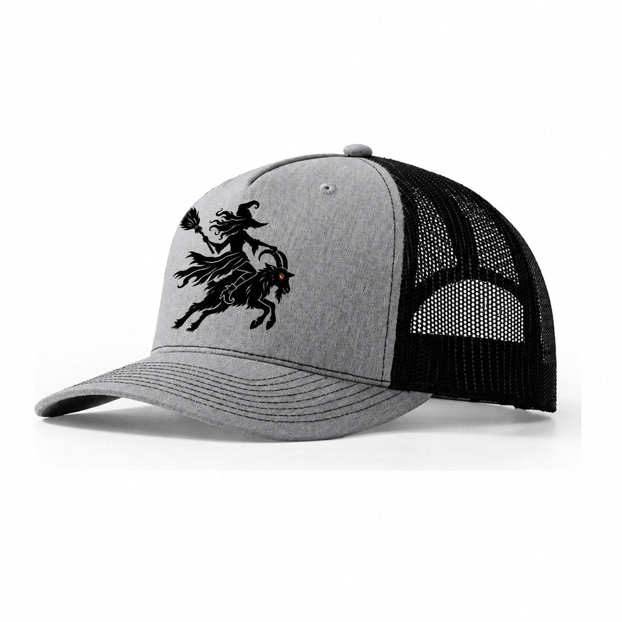 Medieval Woodcut Witch On A Goat Witch Magic Trucker Hat – Sport Grey Black